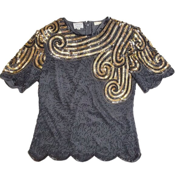 Stenay Tops - Vintage Stenay Evening Cocktail Blouse sz Small Black Silk Gold Beaded Top Shirt